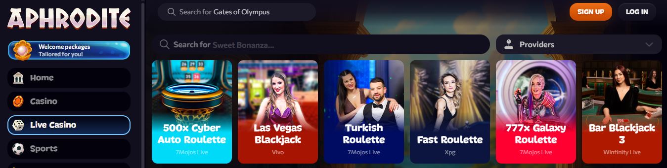 Join live casino tables with real dealers at Aphrodite 