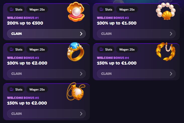 Claim five welcome bonuses with low wagering requirements