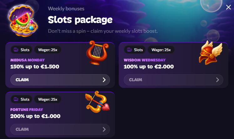 Visit Aphrodite promotions page for weekly slot bonuses
