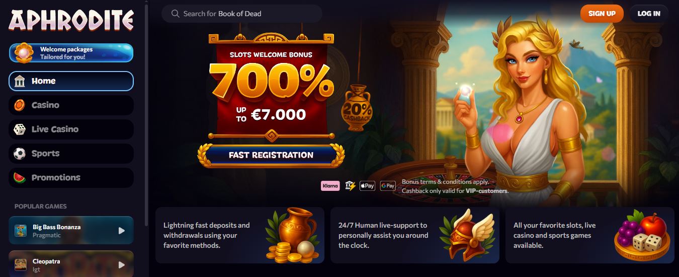 Register at Aphrodite Casino and claim welcome bonus 